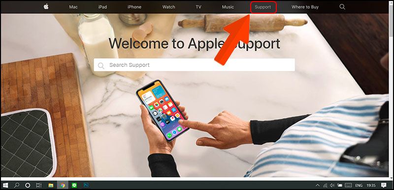 Truy cập trang web của Apple > Chọn mục Support.